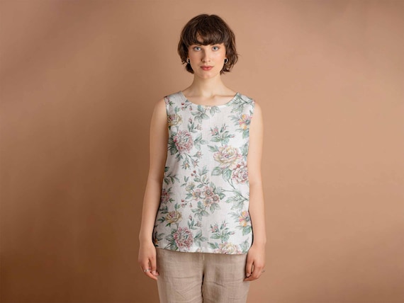 Linen top, Blooming Peonies, women blouse, linen shirt, 100% linen, blouse, sleeveless shirt, custom size shirt, linen tank top