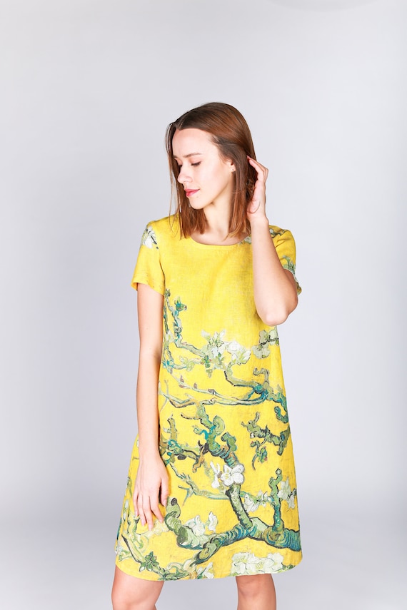 Almond Blossom, Linen Dress, Captivating Van Gogh-inspired Fashion, Van Gogh, 100% linen, short sleeves dress