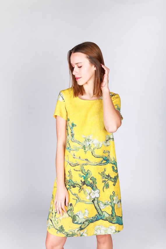 Almond Blossom, Linen Dress, Captivating Van Gogh-inspired Fashion, Van Gogh, 100% linen, short sleeves dress