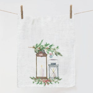 Christmas Lantern Linen Kitchen Towel – Handmade Holiday Dish Towel with Hook – Rustic Farmhouse Kitchen Decor & Gift