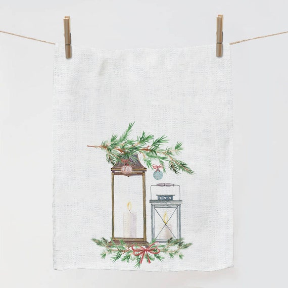 Christmas Lantern Linen Kitchen Towel – Handmade Holiday Dish Towel with Hook – Rustic Farmhouse Kitchen Decor & Gift