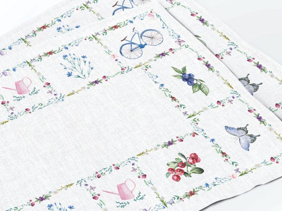 Linen Placemats Set, Bicycle Print, Handmade Table Decor, 100% Linen