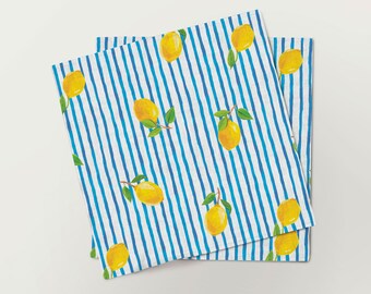 Napkins set, Fresh Summrt, linen napkins, 100% linen, lemon print, wedding napkins, Eclectic napkins, blue stripes napkins