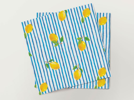 Napkins set, Fresh Summrt, linen napkins, 100% linen, lemon print, wedding napkins, Eclectic napkins, blue stripes napkins