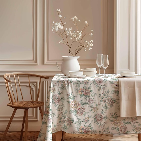 Tablecloth, Blooming Peonies, Vintage pattern, 100% linen