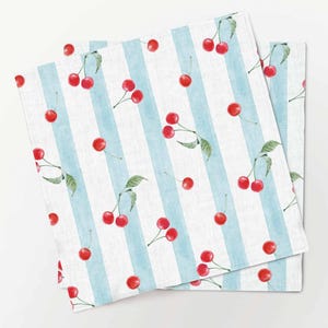 Napkins set, Vintage Cherries & Stripes, 100% linen