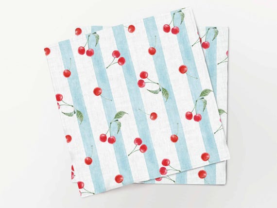 Napkins set, Vintage Cherries & Stripes, 100% linen