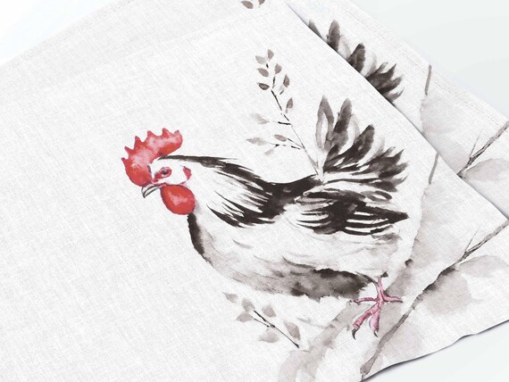 Placemats set, Waterclor Chicken, Rustic placemats, linen placemats, Easter placemats set