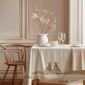 Puede incluir: Una mesa de comedor decorada para Pascua, con un mantel crema con un diseño de conejos y huevos. La mesa está puesta con vajilla blanca, copas de vino y un jarrón blanco con flores blancas. Una silla de madera está en primer plano.