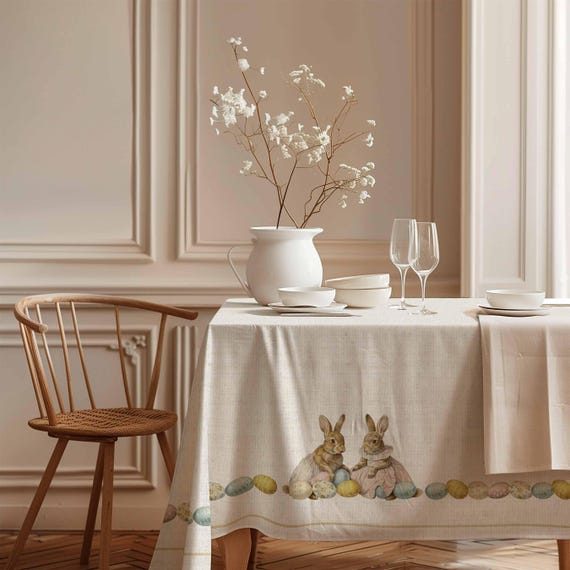 Wide Linen Tablecloth, Two Bunnies with Easter Eggs, 100% linen
