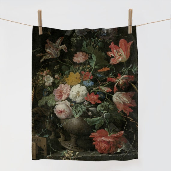 Linen Kitchen Towel, Still Life with Fruit and Goldfinch, Farmhouse Decor