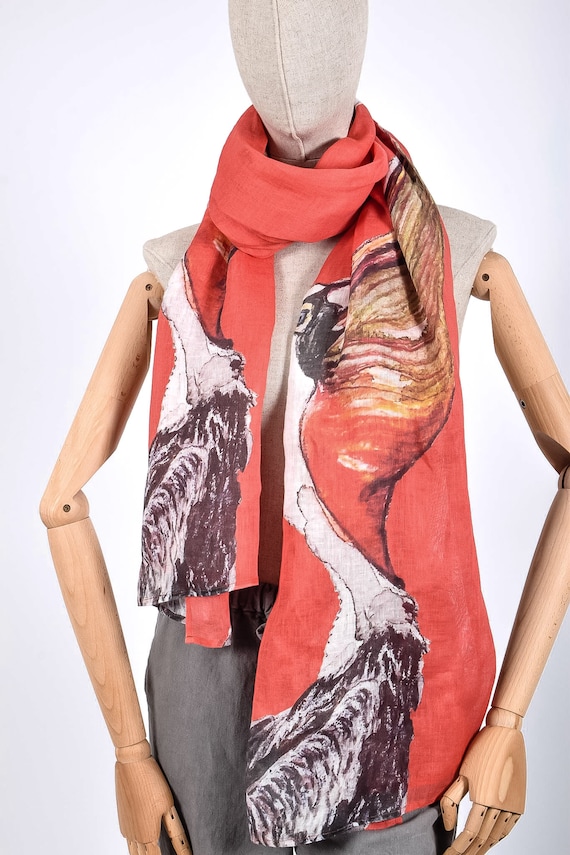 Linen scarves, Pelican, linen women scarf, gift for her, red linen wrap, maxi scarf, 100% linen, holiday scarf, linen is love