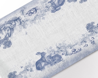 Toile de Jouy de Pâques, chemin de table, chemin de table en lin, lapin de Pâques, oeufs de Pâques, chemin de table de Pâques, Toile de Jouy, tissu 100 % lin