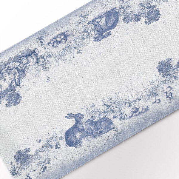 Toile de Jouy de Pâques, chemin de table, chemin de table en lin, lapin de Pâques, oeufs de Pâques, chemin de table de Pâques, Toile de Jouy, tissu 100 % lin