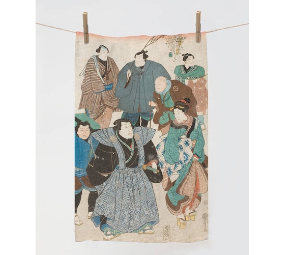 Linen towel, Celebrating Spring, by Utagawa KuniyoshiKitchen towel, Japan towel, Vintage towel, 100% linen