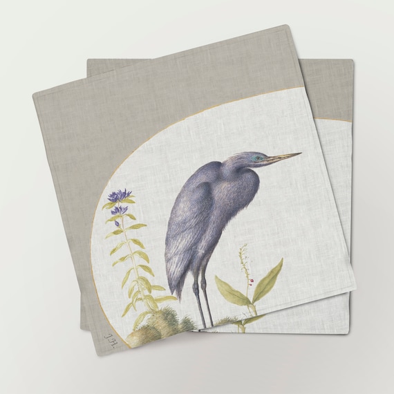 Napkins set, Two Great Egrets with Green Breeding Masks (1575–1580), Joris Hoefnagel, fabric napkins, 100% linen