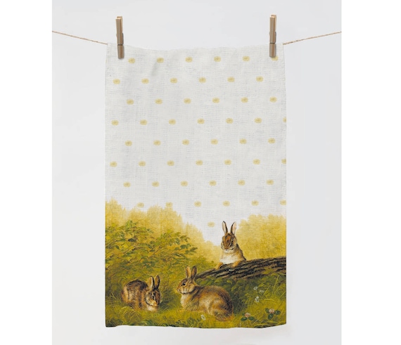 Linen towel, Arthur Fitzwilliam Tait, Rabbits on a Log, 1897, Easter towel, linen towel, rabbits towel, rabbits vintage