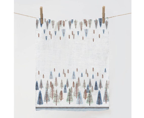 Kitchen towel, Frosted Forest, linen towel, Christmas towel, Winter print towel, Christmas home decor