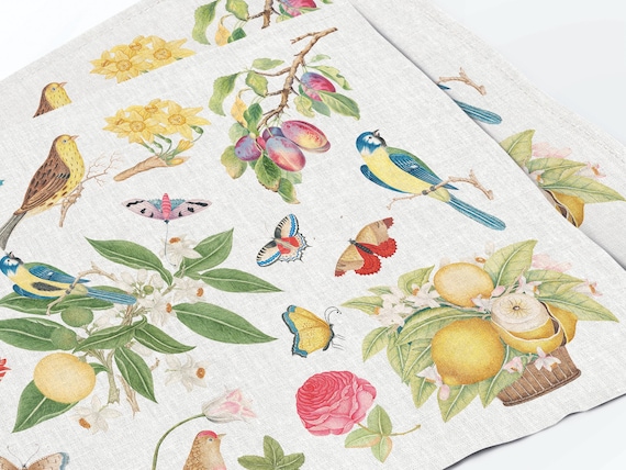 Placemats set, Victorian Garden Botanicals, Birds, Blossoms & Butterflies, 100% linen