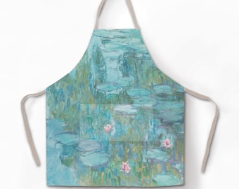 Linen Apron, Monet Water Lilies Print, Kitchen Apron with Pocket