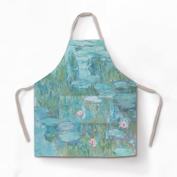 Monet, apron, Water Lilies, linen apron, matching towel set, hand made apron, kitchen apron, apron with pocket, housewarming gift
