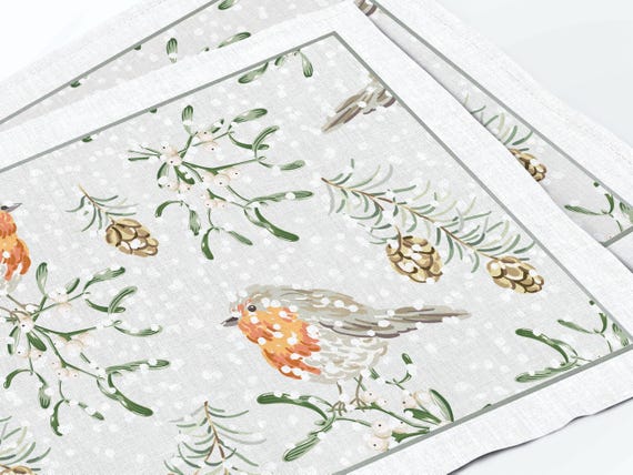 Placemats set, Winter Robins, Holiday linens, 100% linen, Christmas placemats