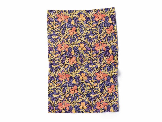 Kitchen towel, William Morris, Yellow Orange Iris Flowers Cross Stitch, 100% linen, linen towel fabric