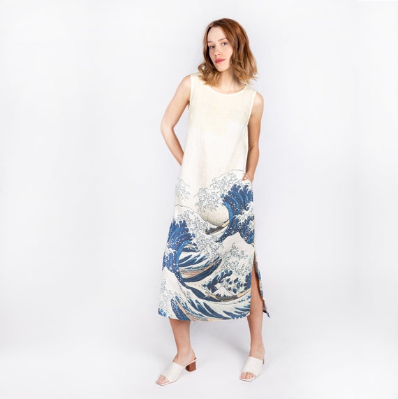 Katsushika Hokusai, The Great wave, Midi linen dress, Sleeveless dress, 100% linen, Summer dress, Japanese dress