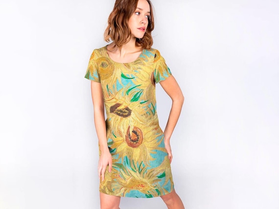 Linen Dress, Vincent van Gogh Sunflowers on Green, green background 100% linen