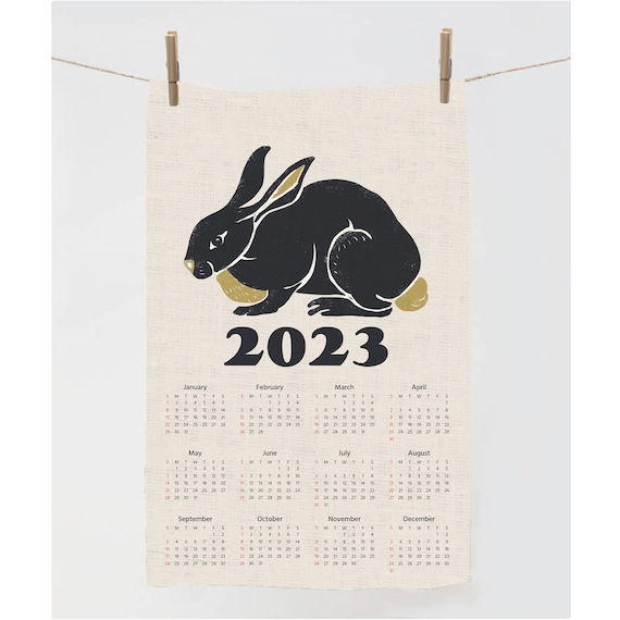 2023 Calendar Towel, Back rabbit, Rabbit year, Tea towel illustration, rabbit towel, Zodiac Tea Towel, linen towel, 100% linen