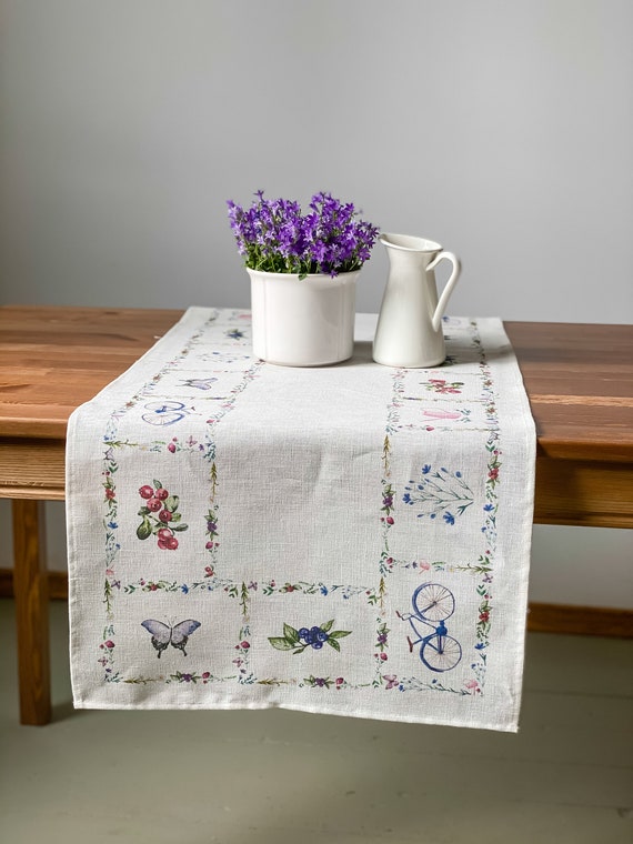 Table runner, Flax and Bicycles, 100% linen, white table runner, linen table runner, natural table runner, LINENISLOVE