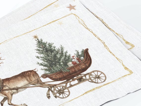 Linen Christmas Placemats Set, Winter Carriage, Christmas Design, Holiday Table Decor, Vintage, Minimalistic, 100% linen