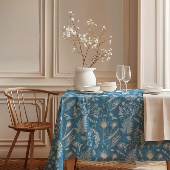 Linen Tablecloth, Anna Atkins, Botanical Cyanotype Prints, 100% European Linen, Handmade