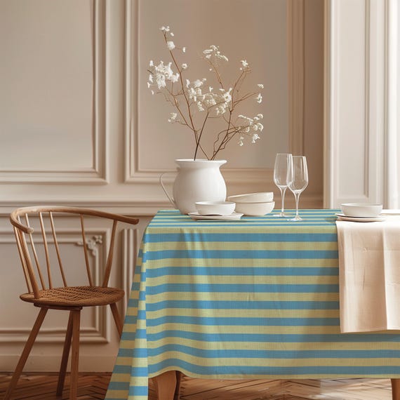 Linen Tablecloth, Mediterranean Summer, 100% European Linen, Turquoise Blue & Butter Yellow,  Striped Design, Handmade
