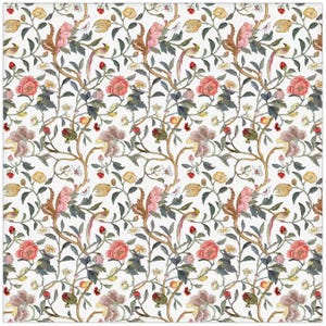 May include: A repeating floral pattern with birds and butterflies on a white backdrop. The design features pink, brown, and yellow flowers, green leaves, and brown branches. Small butterflies and red berries add detail to the design.