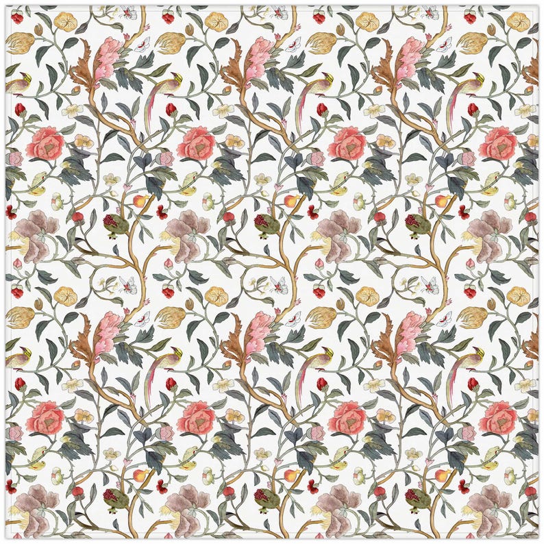 May include: A repeating floral pattern with birds and butterflies on a white backdrop. The design features pink, brown, and yellow flowers, green leaves, and brown branches. Small butterflies and red berries add detail to the design.