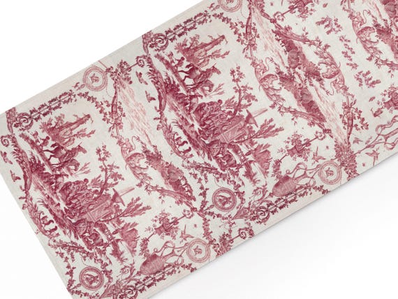 Linen Table Runner, Jean-Baptiste Huet Toile Print, Red Edition, Vintage Table Decor.