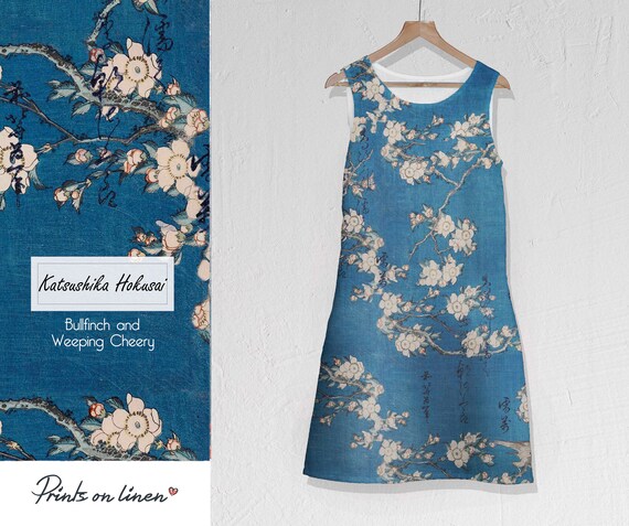 Katsushika Hokusai, Linen women dress, Bullfinch and Weeping Cheery, 100% linen, linen dress, plus size dress, Linen is love