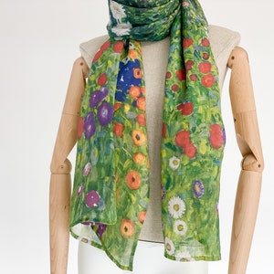 Gustav Klimt, Flower Garden, Linen women Scarf, Linen scarf, blanket scarf, linen shawl, women scarf pattern