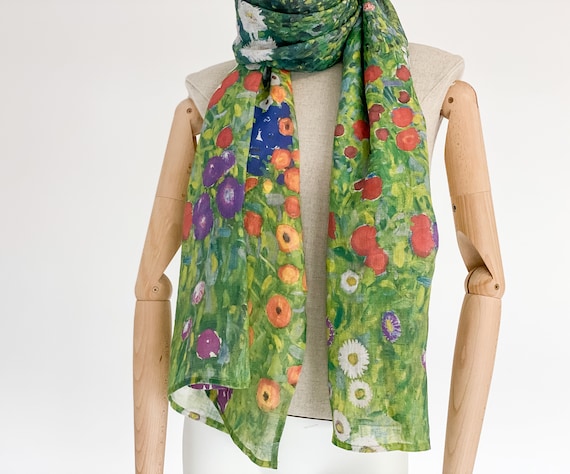 Gustav Klimt, Flower Garden, Linen women Scarf, Linen scarf, blanket scarf, linen shawl, women scarf pattern