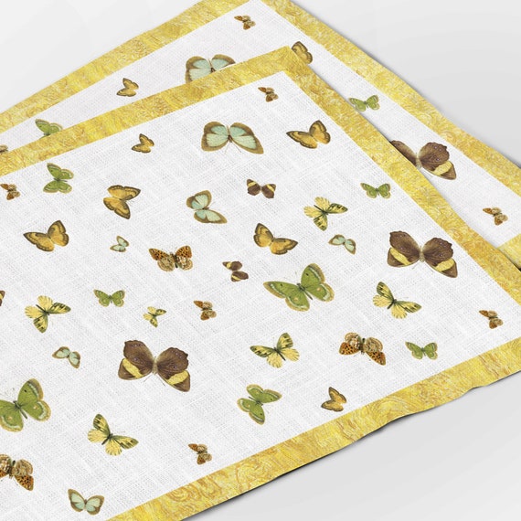 Placemats set (4 or 6), Butterflies, linen placemats, 100% linen, summer table decor, placemats set, yellow placemats