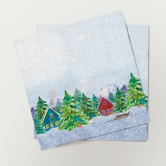 Napkins set, Forester's Hut, linen napkins, Holiday decor, Christmas napkins, Christmas decor, 100% linen, Yule napkins, Winter napkins