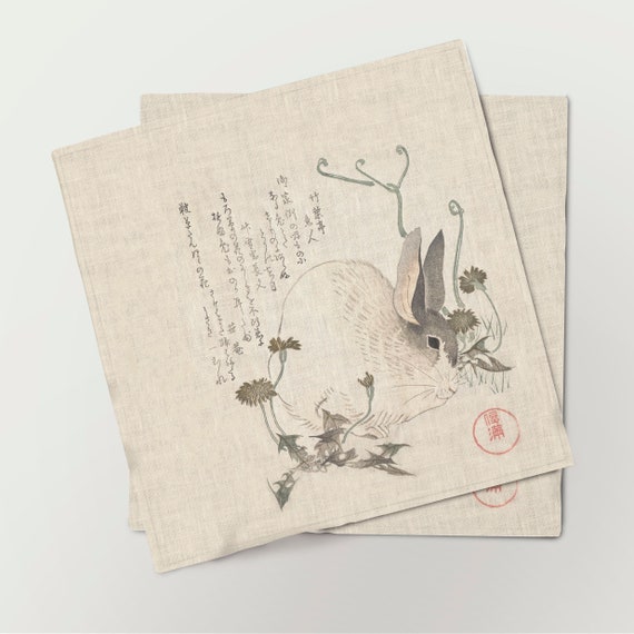 Napkins set, Kubo Shunman (Japanese, 1757-1820), fabric napkins, Rabbit napkins, Japan napkins, 100% linen