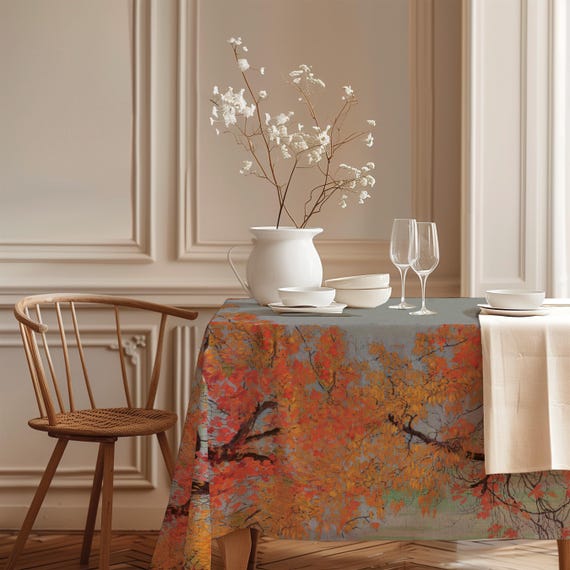 Linen Tablecloth, Autumn leaves (1912) by Edward Okuń, Fall Home Decor, 100% Linen, Handmade in Lithuania