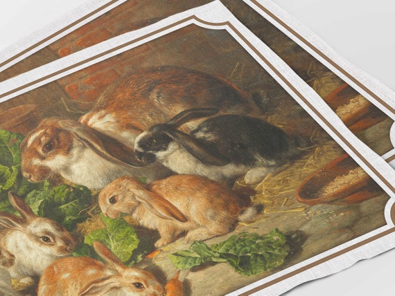 Placemats set, A Family of Rabbits, Alfred Richardson Barber, fabric placemats, 100% linen