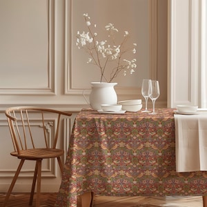 William Morris, Tablecloth, Strawberry Thief, Vintage flower pattern, Victorian Red, 100% linen