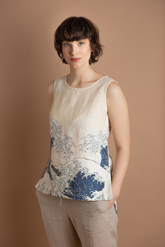 Linen blouse, The Great Wave, Hokusai, linen shirt, asymmetric backside, blouse, linen shirt, t-shirt, Japan shirt, hand made in Lithuania