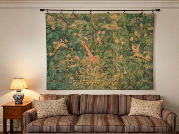Verdure, Linen Wall Tapestry, 100% linen, Garden with Birds