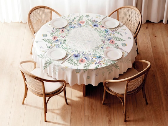 Handmade Round Linen Tablecloth, Floral Bird Print, 100% linen