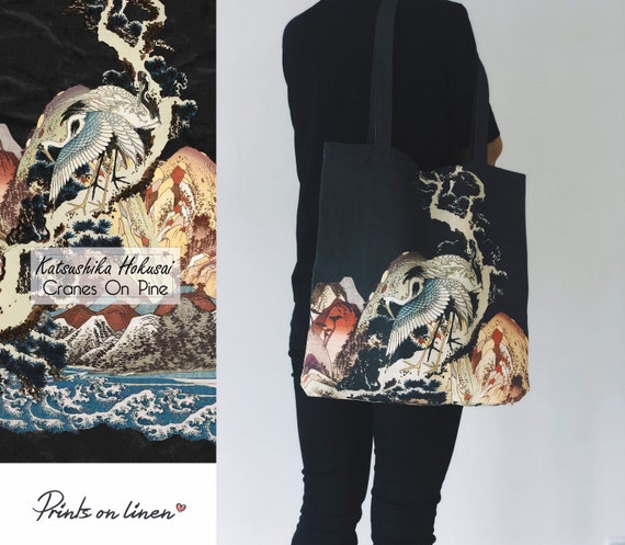 Tote bag, Tote bag wholesale, Cranes, Katsushika Hokusai, linen tote, tote bag art, hand made tote, linen is love